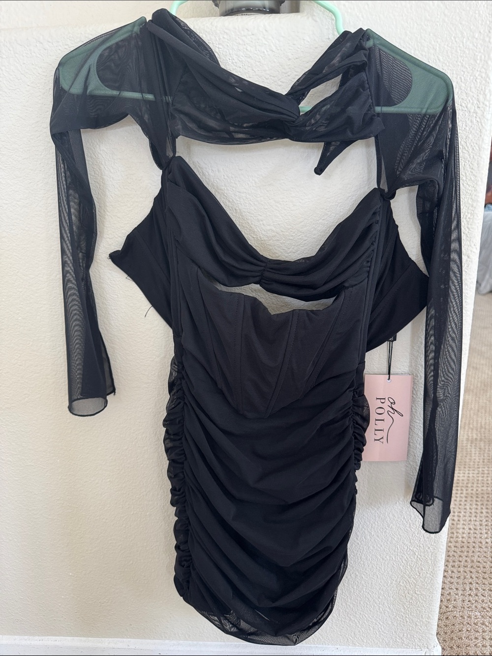 Oh Polly Black Sheer Long Sleeve Ruched Mini Dress